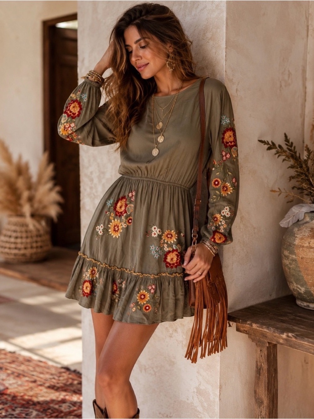 Savanna Jane Olive Boho Long Sleeve Embroidered Floral Mini Dress